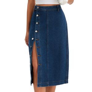 Women's Denim Midi Skirt Button Up Casual Slit Jean Skirts Dark Blue